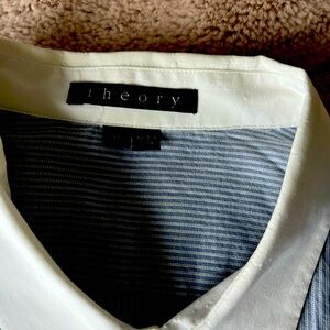 Men’s Theory blue and white striped dress shirt
